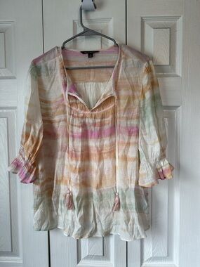 Zac & Rachel Pastel Striped Peasant Boho Top in Pink, Peach, Green, Cream